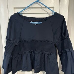 Tibi Womens Navy Smocked Ruffle Peplum Top